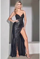 Elegant Women'S A Line Satin Long Evening Dress Party Sexy V Neck Spaghetti Strap Backless Prom Dresses With Slit Lace Applique