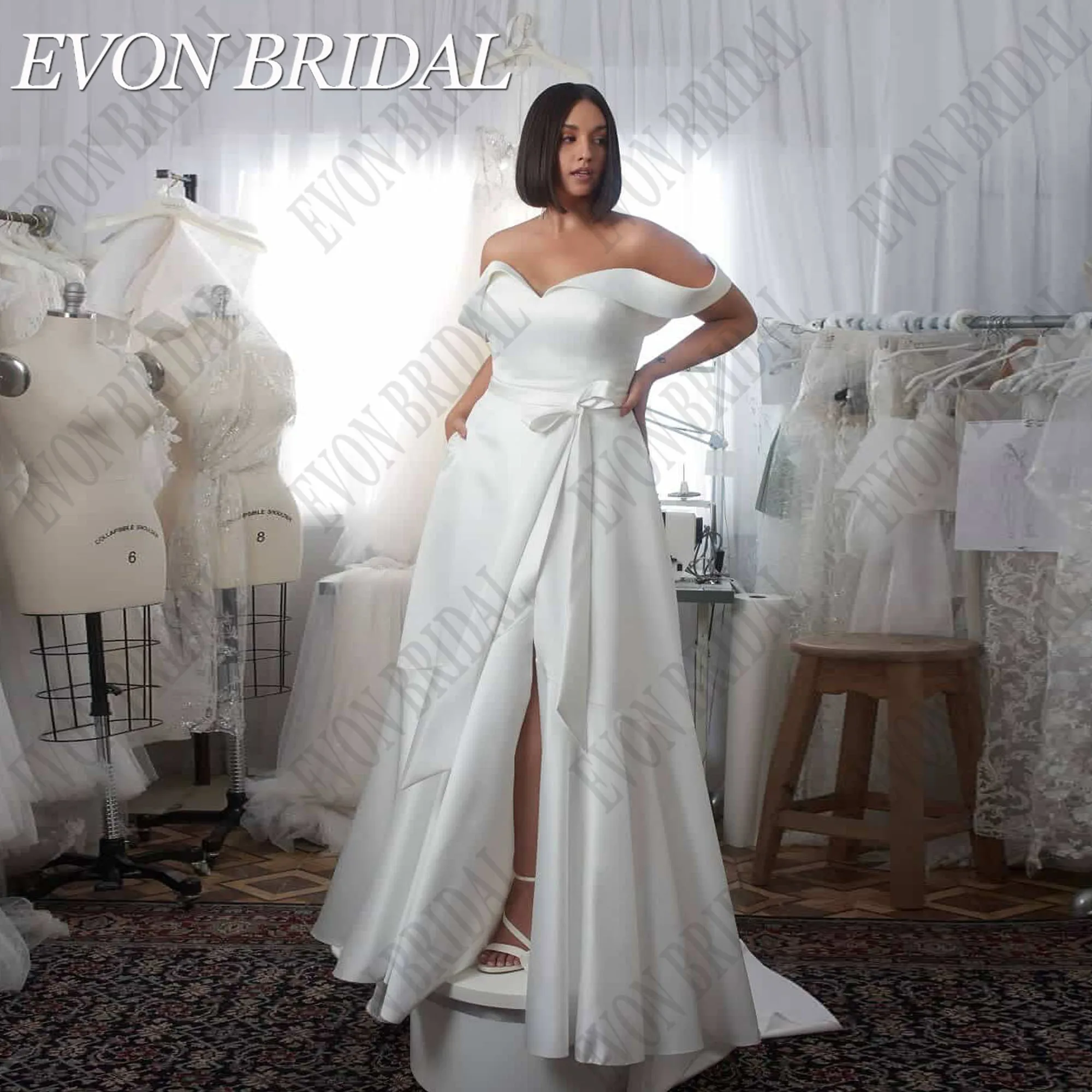 EVON BRIDAL Vestido De Noiva Fora Do Ombro Mulher Plus Size V-Neck Satin A Linha Elegante Vestidos De Novia Vestidos De Noiva Side SplitEVON BRIDAL Off Shoulder Vestido de Noiva Mulher Plus Size V-Neck Cetim A Linha El