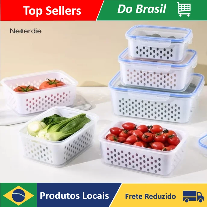 Kit 3 Organizadores Potes Hermetico Geladeira 850ML/1750ML/3300ML Alimentos Vegetais - Neverdie Store