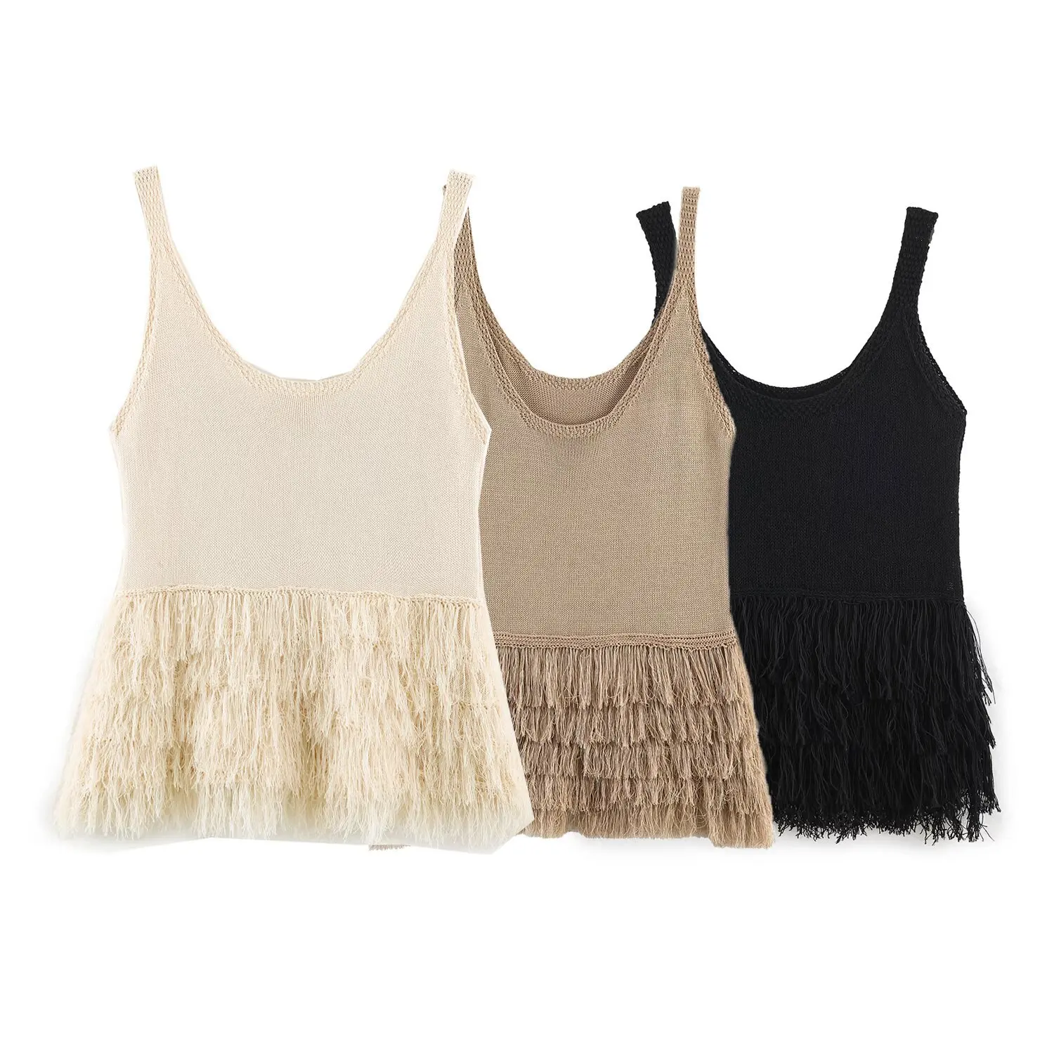 Women Boho Fringe Hem Knit Sleeveless Top Vintage Scoop Neck Feather Cami Top Summer Beach Casual Tank Top Outfit
