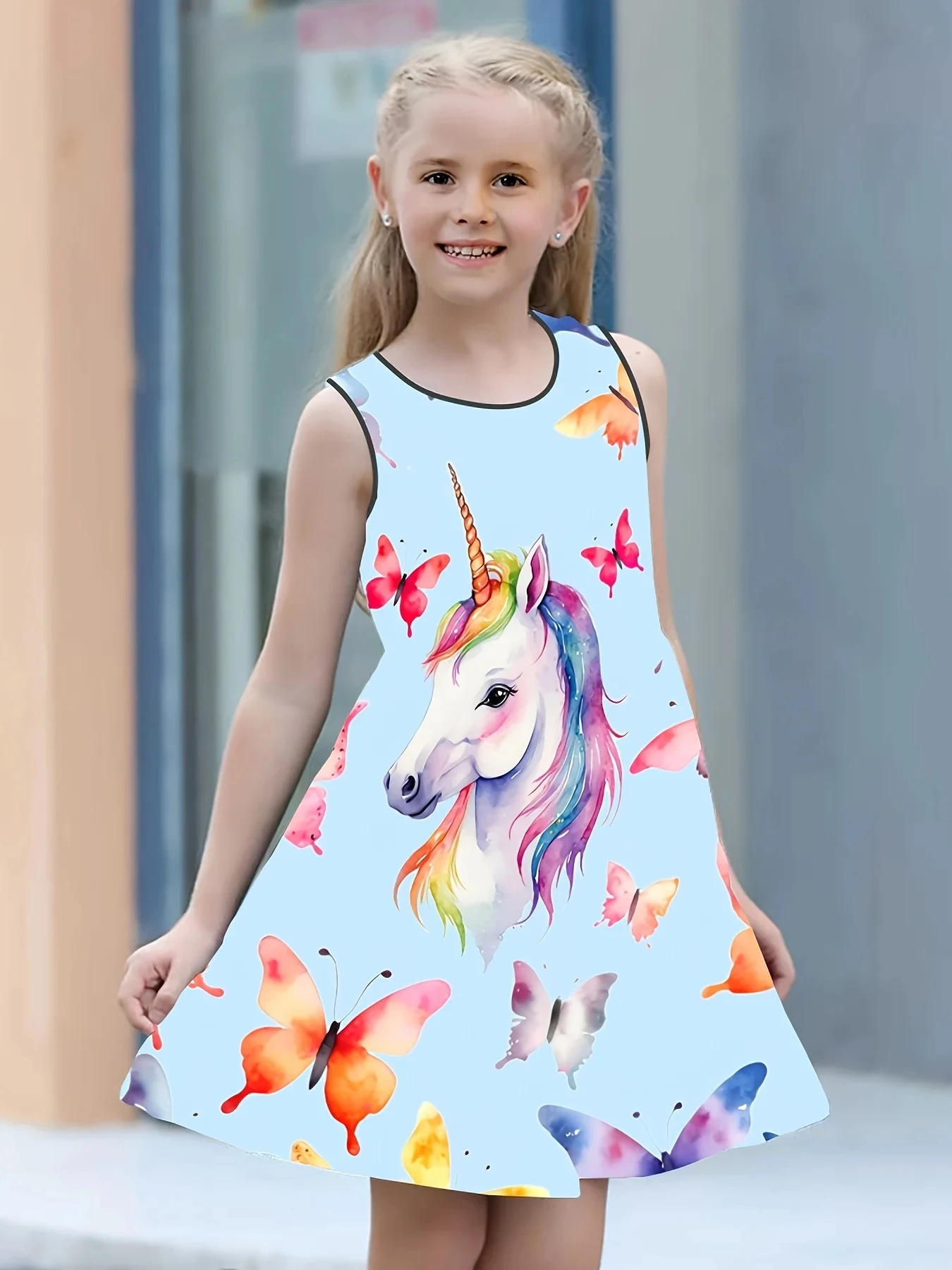 Summer 2-15 years old girls Fashion Novelty Cute Unicorn Print Sleeveless Dress Casual Comfortable Breathable Party Dresses