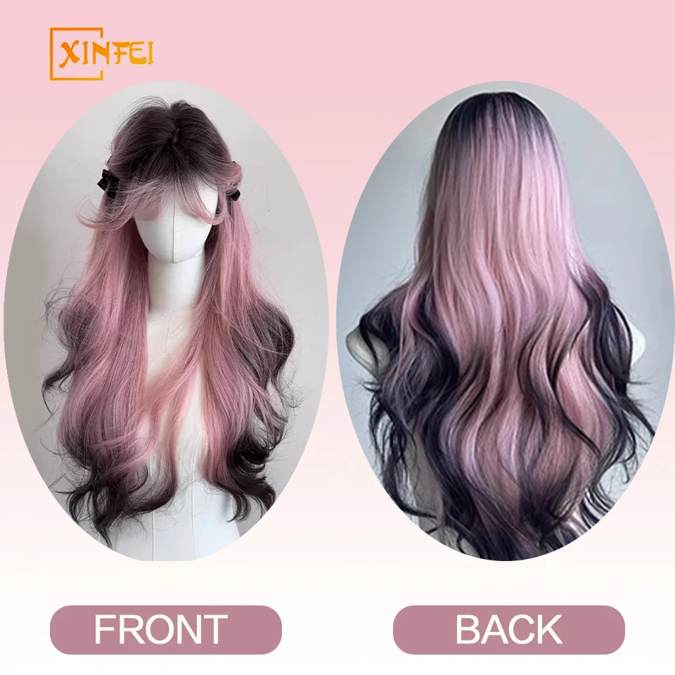 XINFEI Black Pink Ombre parrucche sintetiche per Cosplay parrucche lunghe ondulate a strati con frangia per le donne capelli finti resistenti al calore