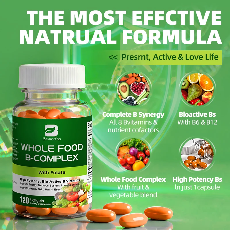 BEWORTHS Vitamin B Complex Capsules B1,B2,B3,B5,B6,B7,B12 Whole Food Supplement for Stress, Energy and Immune Support Non-GMO