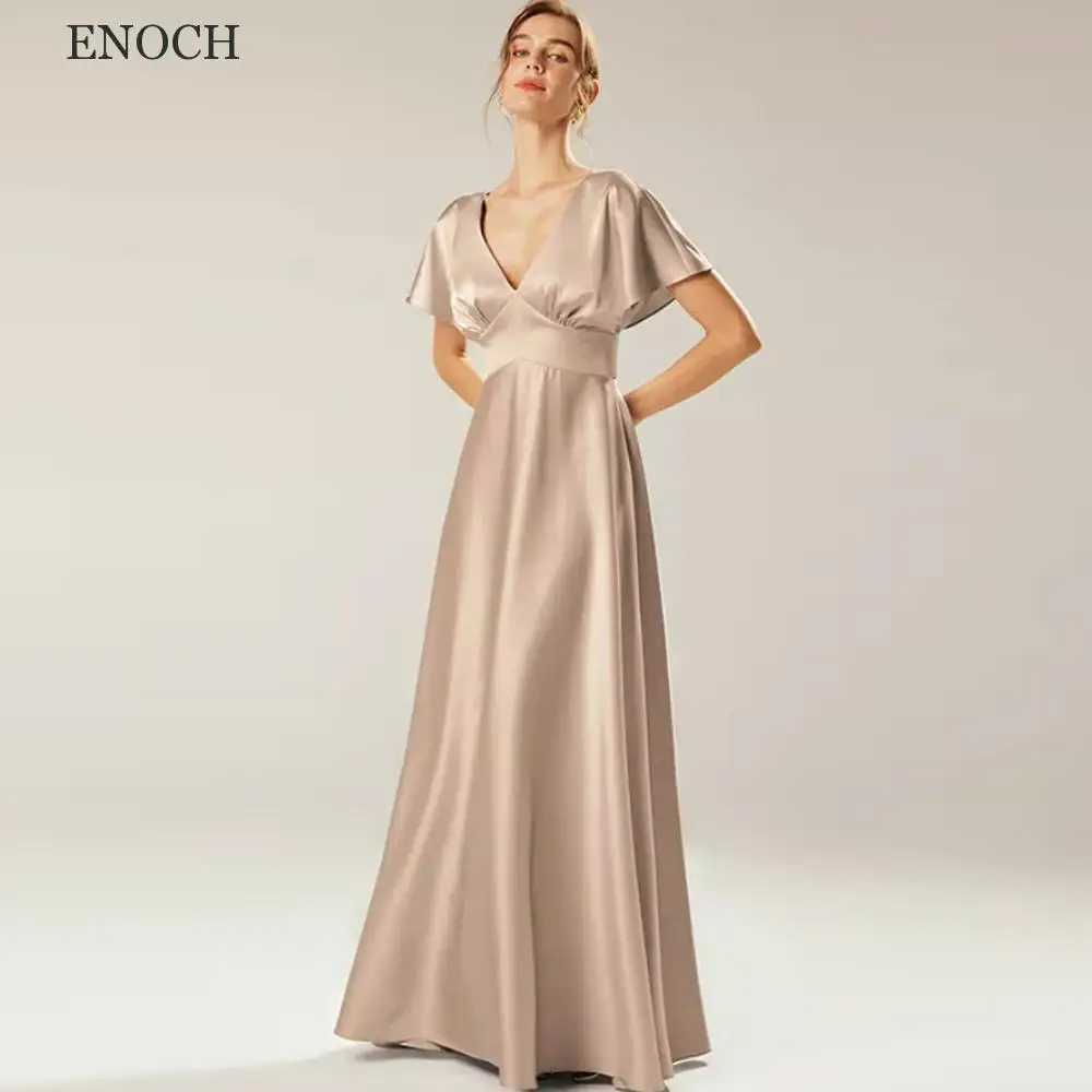 ENOCH Elegant V-Neck Satin Bridesmaid Dresses V-Back Short Sleeves Party Dresses Beach Floor Length Vestidos De Fiesta Summer