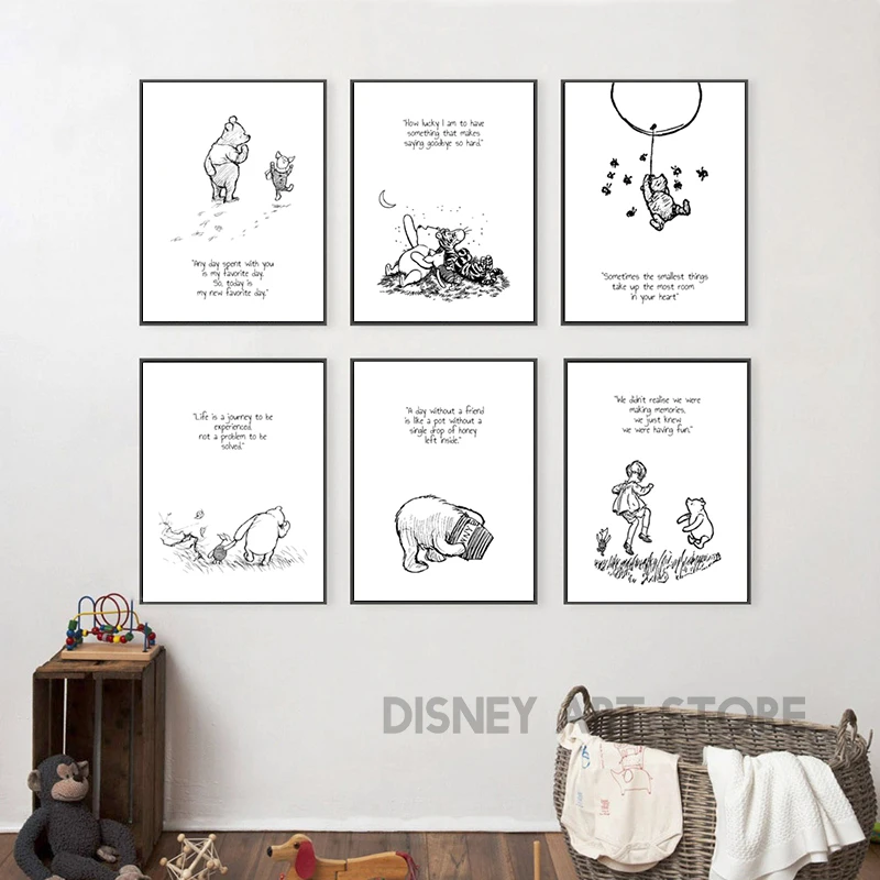 Winnie the Pooh Quote Prints Black and White Poster Nursery Decoration Baby Shower Pooh Art Canvas Painting New Baby Gifts