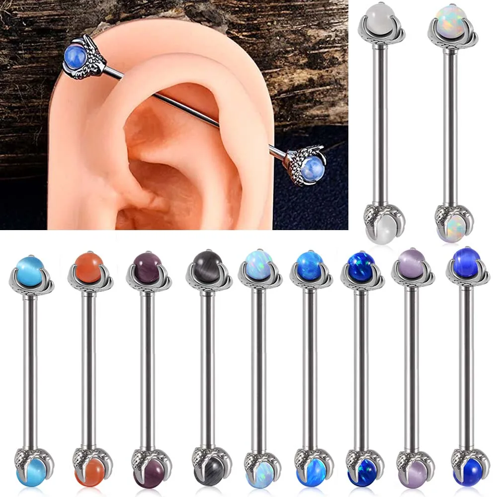 1PC 316L Surgical Steel 14G Industrial Barbell Dragon Claw Natural Stone Industrial Barbell Piercing Jewelry Cartilage Earrings