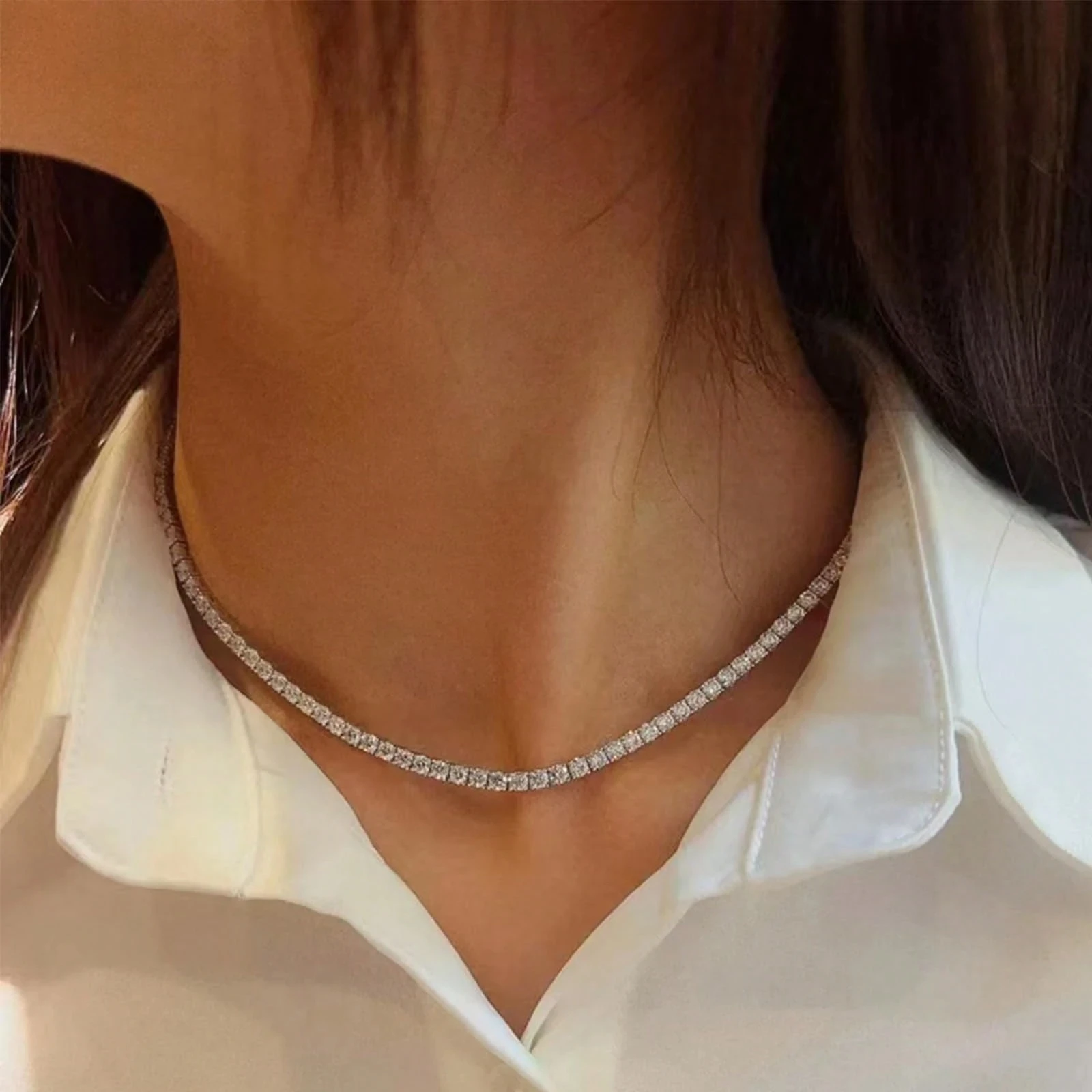 

Tennis Necklace 18K White Gold Plated |3.0 mm Round Cubic Zirconia Cut Faux Diamond Tennis Chain for Women and Men