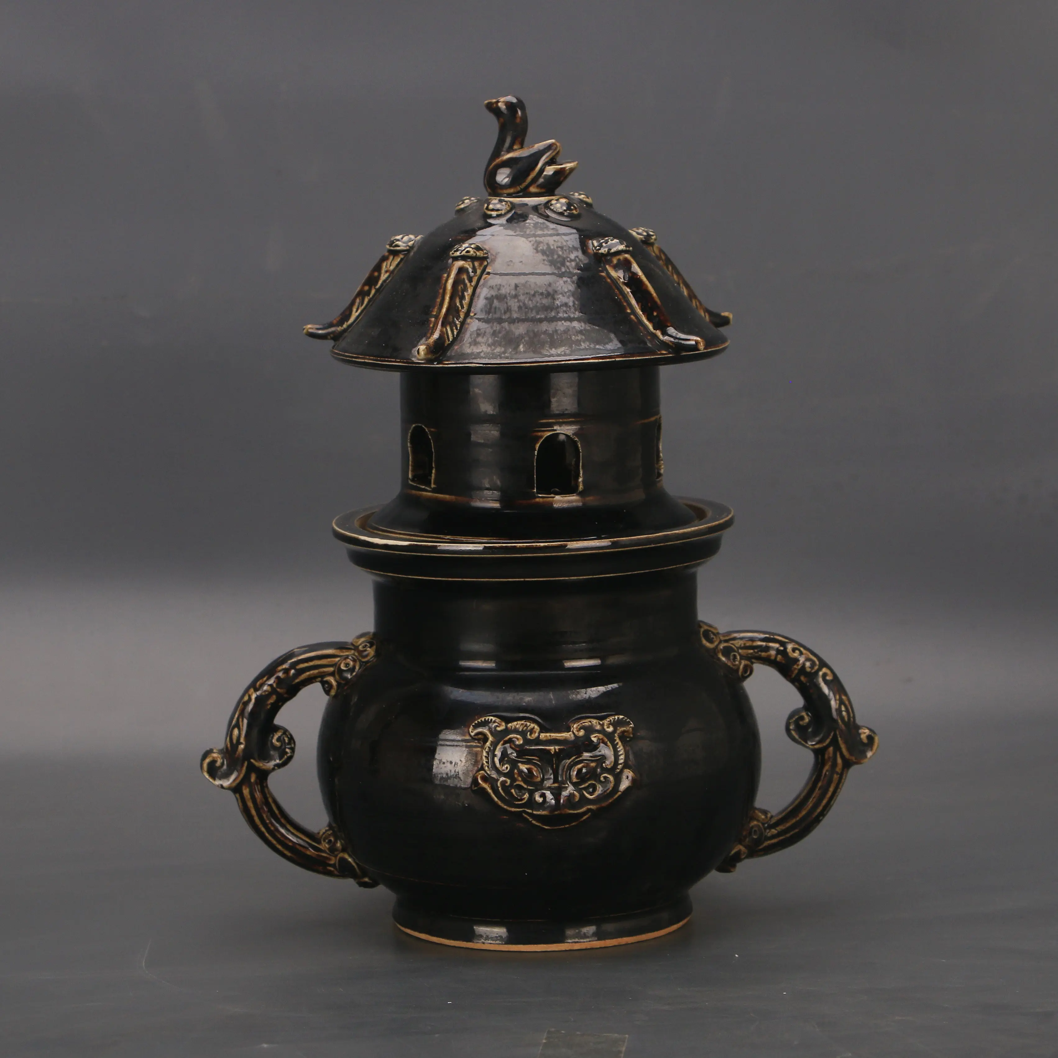 Handmade Song Dynasty Ding Ware Black Glaze Carved Mythical Beast Double Handled Openwork Incense Burner Home Decor Collectible