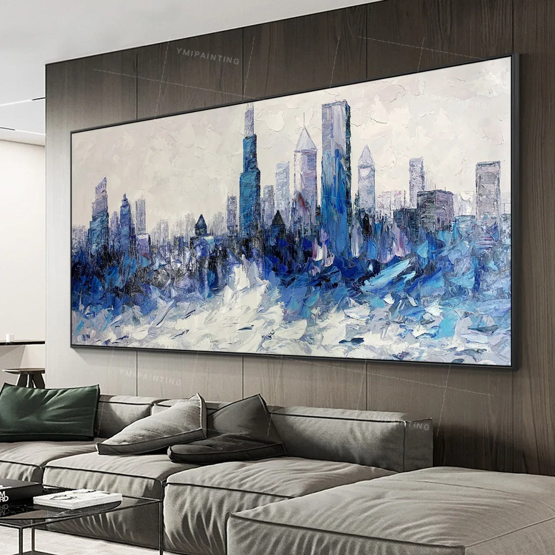 Chicago painting Framed wall art Ymipainting Illinois Skyline abstract room decor Citys paintings on canvas