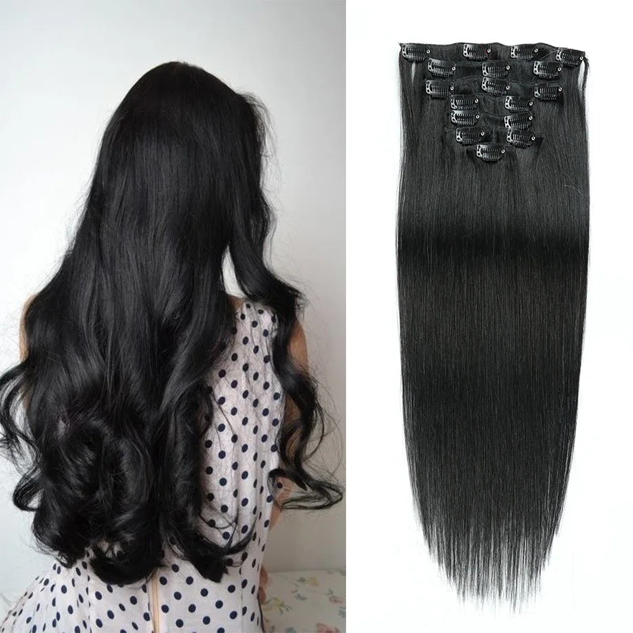 

Clip-in Human Hair Extension Remy Human Hair Straight Natural Black Real Hair For Beauty Women 22” 24” 8pcs/set 100g