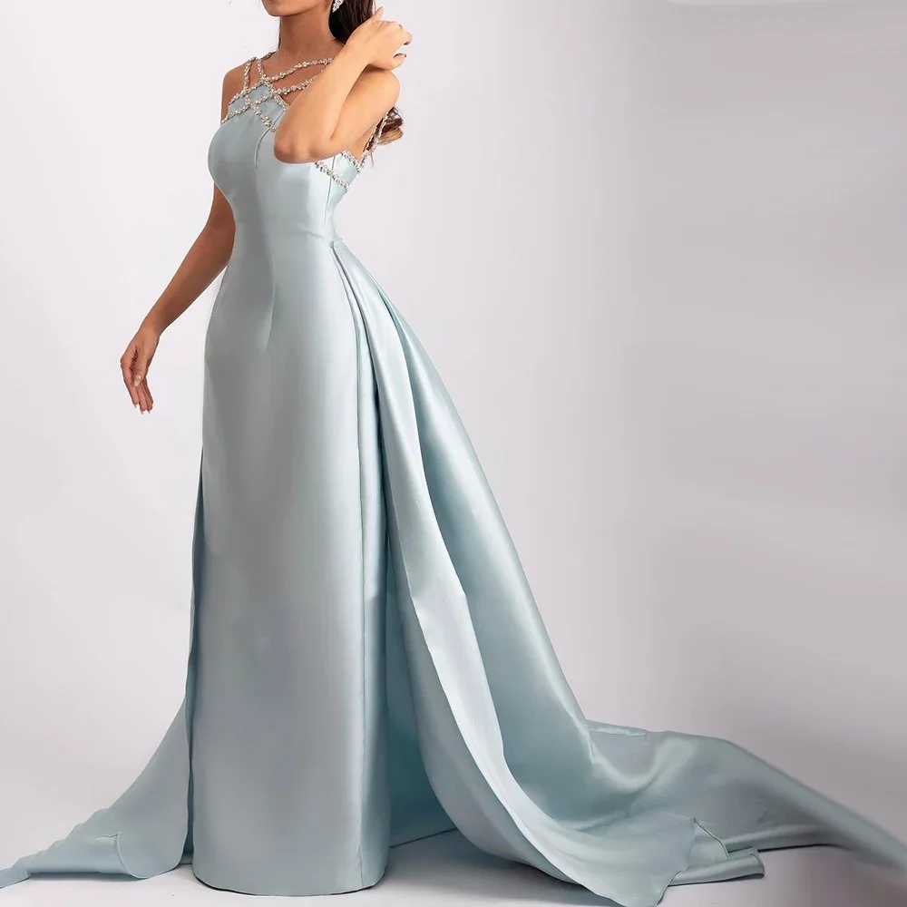 Sharon Said Elegant Light Blue Satin Arabic Evening Dress for Weeding Overskirt Formal Party Gowns SF048 Customized