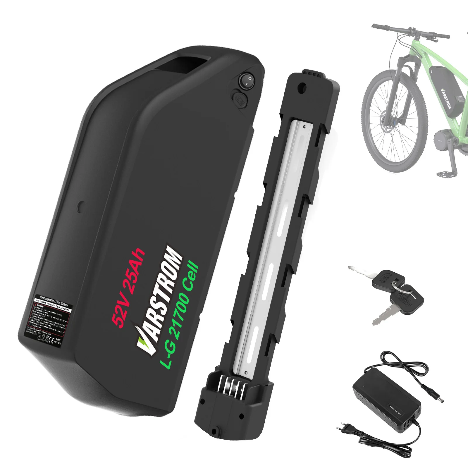 52V 20Ah/25AH Unterrohr-Akku für E-Bike Lithium-Akku mit 3A Schnellladegerät, 30A 40A Smart BMS, LED-Anzeigetafel, 5-PIN Akku-Basis für Bang/Tongsheng Motor