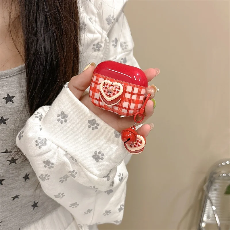 Cute 3D Bear plaid earphone case pendant for Apple Airpods 4 3 2 1 Pro Airpods Pro 2 Silicone Korean Kawaii earphone case cover