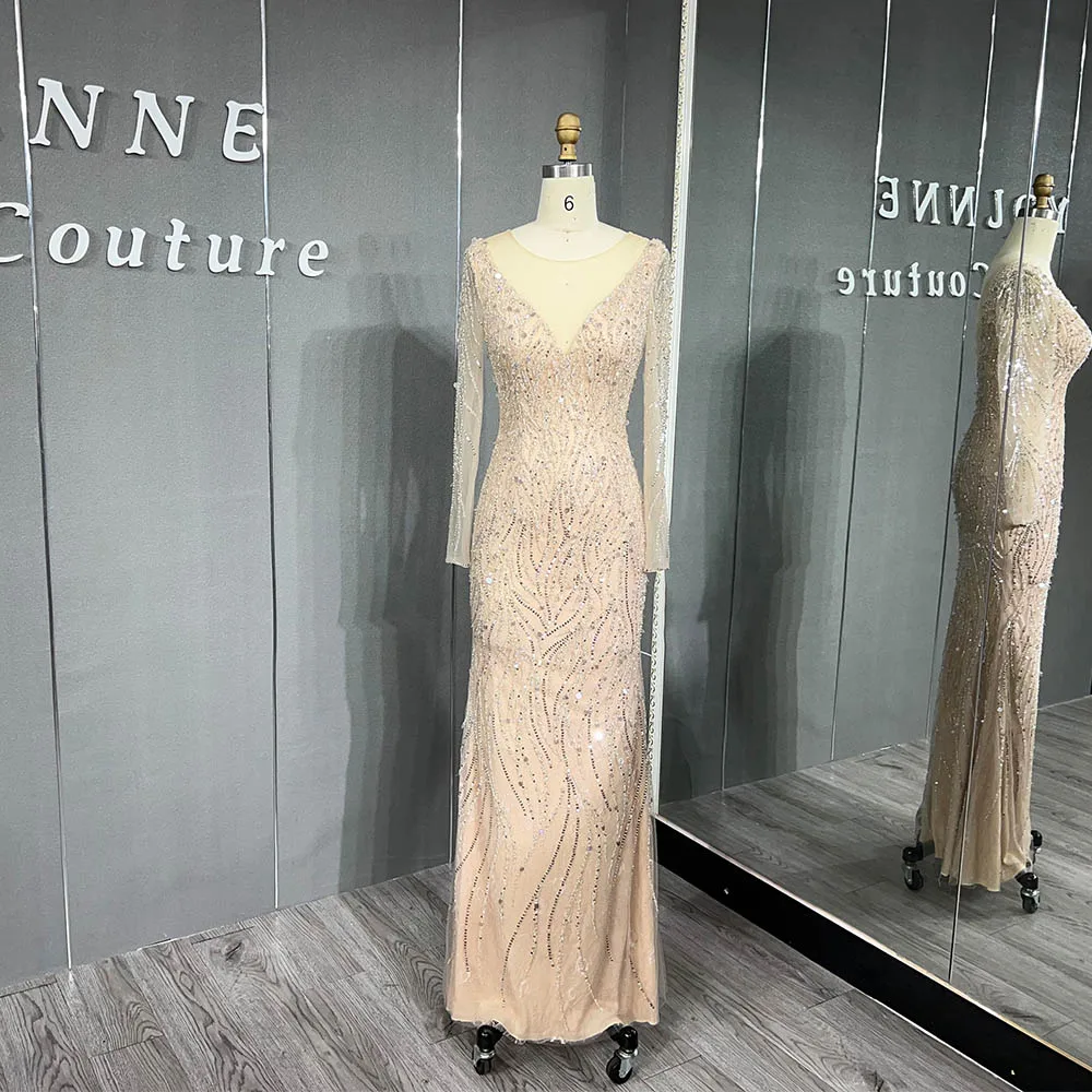 YQLNNE Luxury Nude Crystals Evening Dresses Long Sleeve Tulle Beaded Mermaid Formal Women Gowns