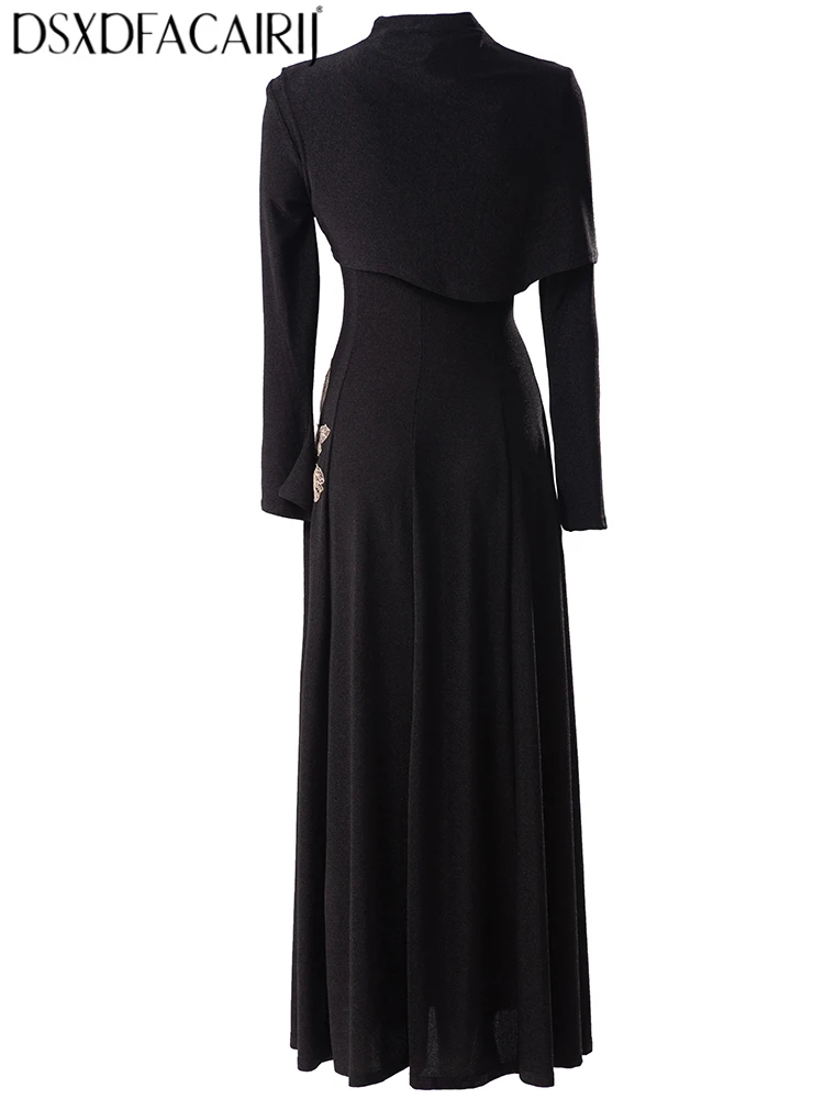 DSXDFACAIRIJ Women's V-Neck Long-sleeved Elastic Waist Embroidery Design Spring Autumnal Solid High Street Elasticity Dresses