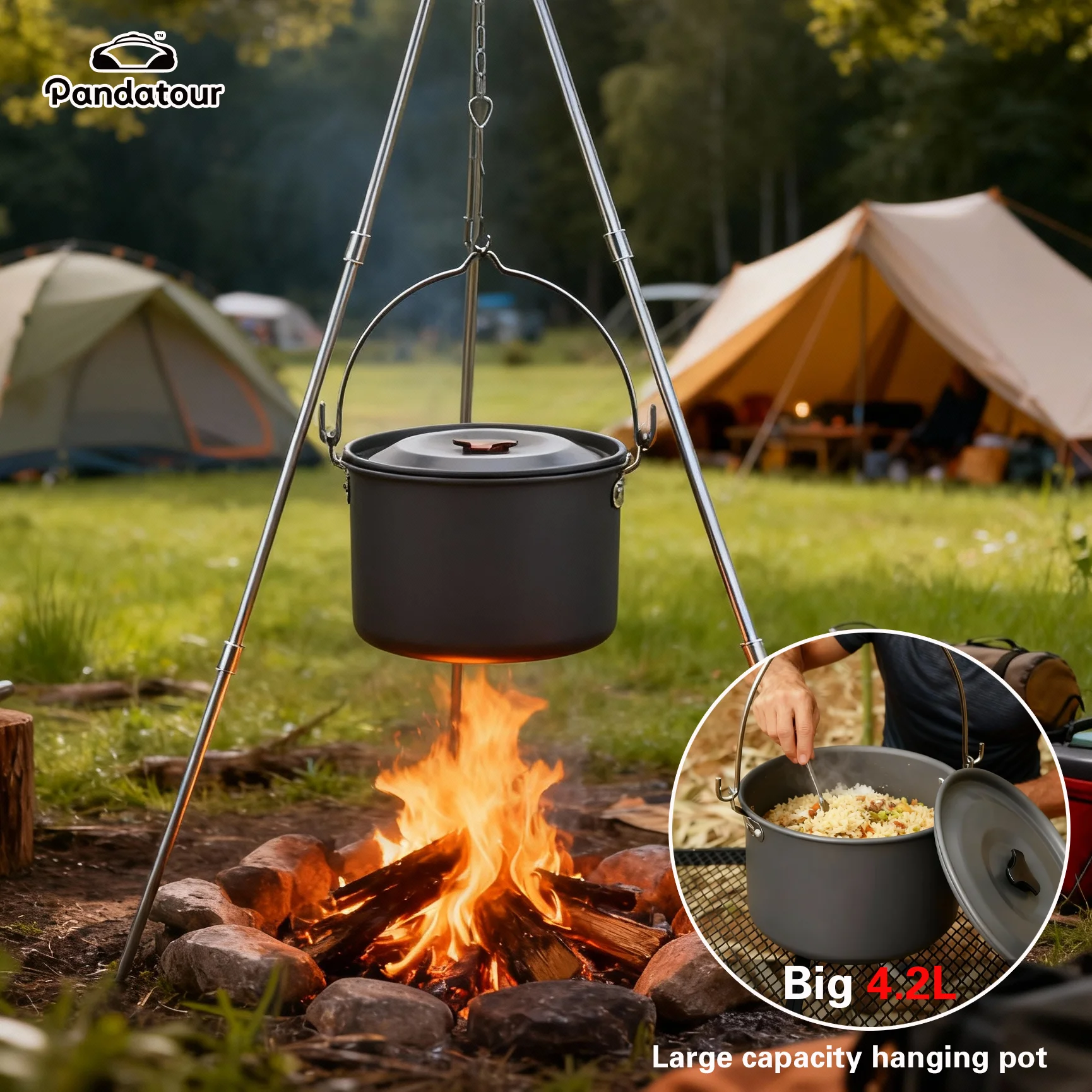 

Pandatour Aluminum 4.2L Outdoor Hanging Pot Camping Picnic Large Soup Pot Portable Cookware Firewood Cooking Pot Cookware