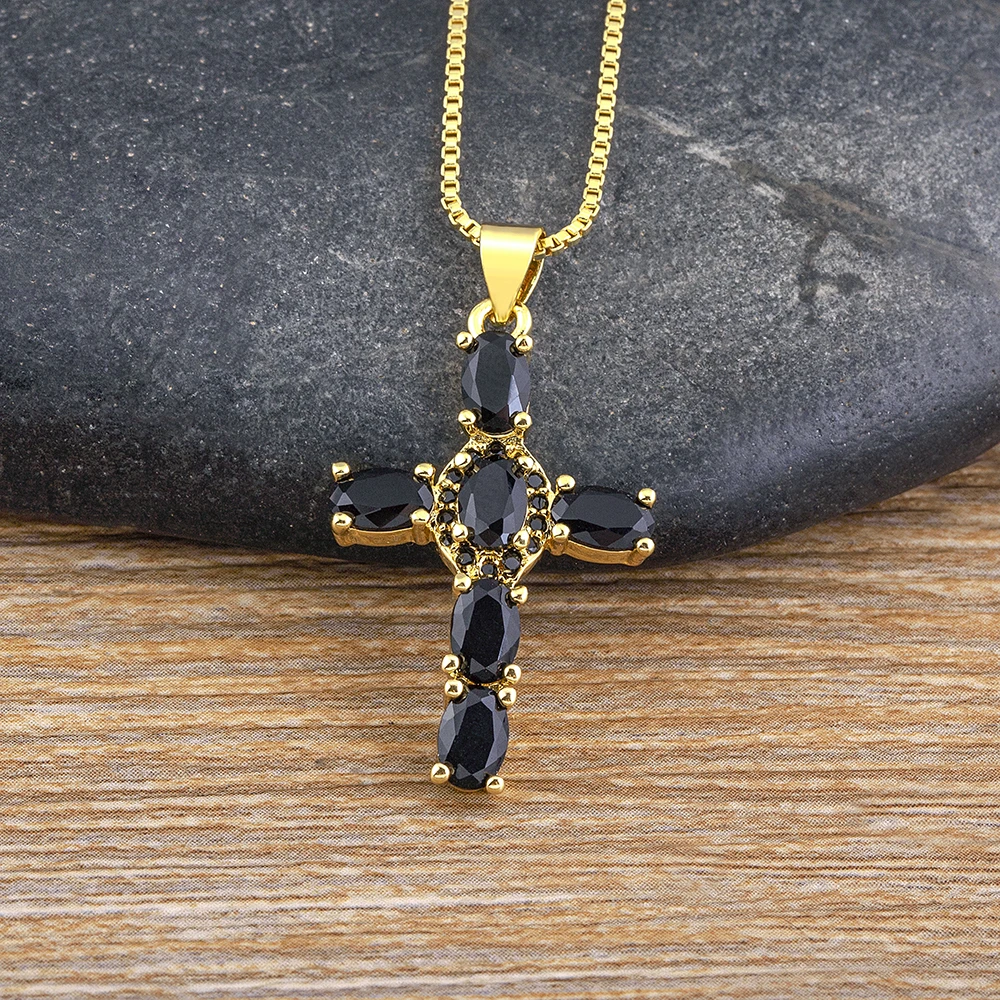 AIBEF Cross Rhinestone Pendant Necklace Copper CZ Religion Colorful Inlay Crystal Jewelry Accessory INS Popular Romantic Gift