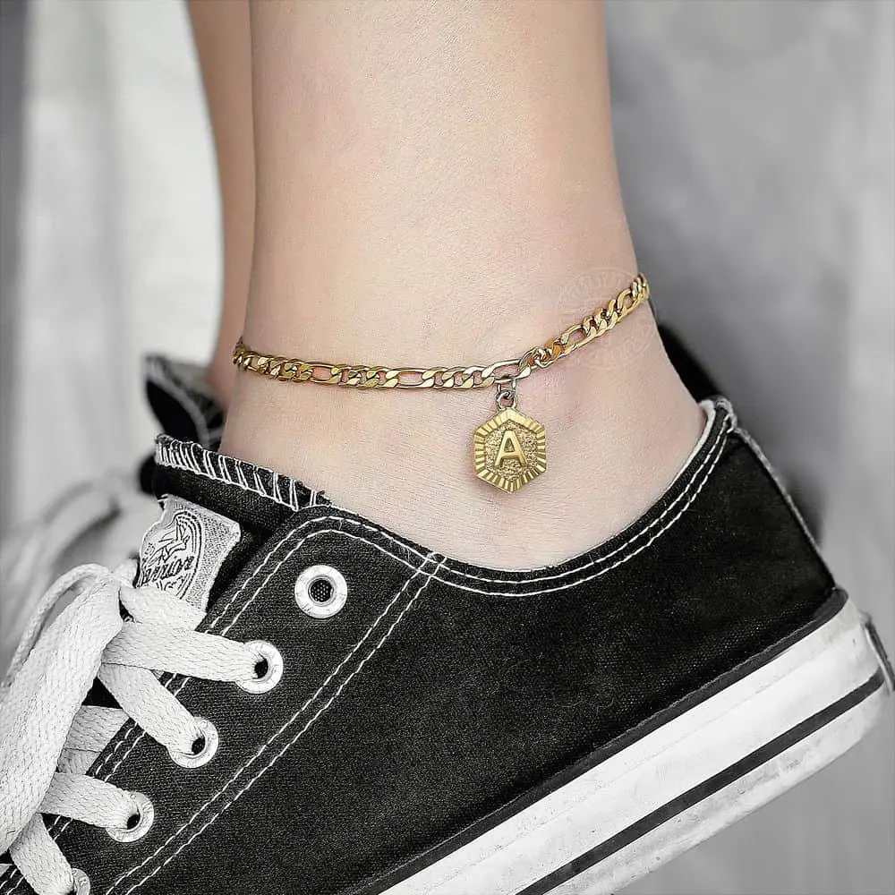 

5mm Stainless Steel Figaro Chain Gold Color Pendant Anklet for Men Boys Initial Ankle Chain Hexagon Alphabet Anklet Jewelry