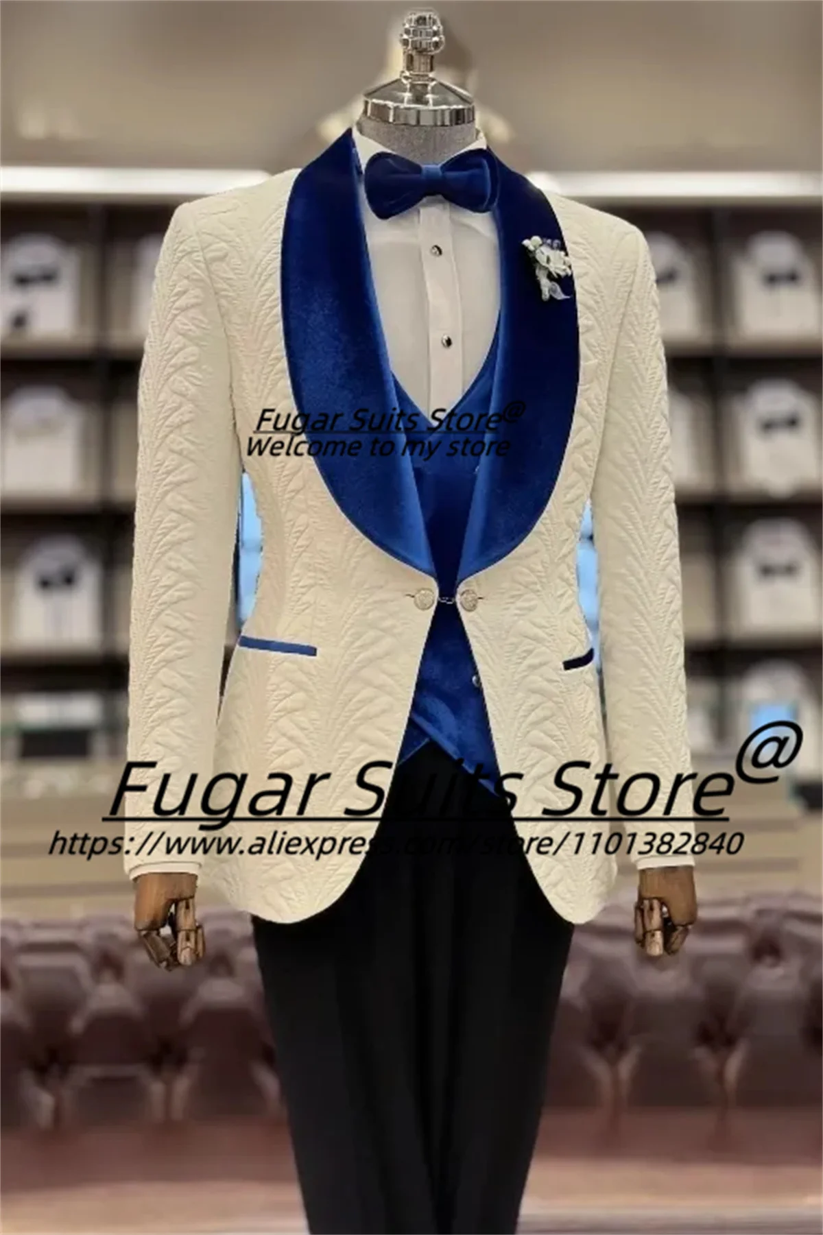 

Luxuly White Jacquard Wedding Suits For Men Tailor Made Velvet Vest Groom Tuxedos 3 Pieces Sets Elegant Male Blazers Ropa Hombre