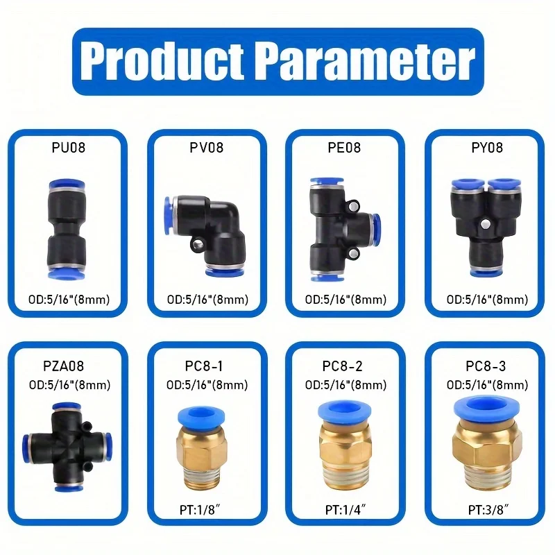 AGASHE 50-Pack 8mm Pneumatic Quick Connect Fittings Set - Straight, Elbow, Y-Type, T-Type, Cross & PC Metal Coupler