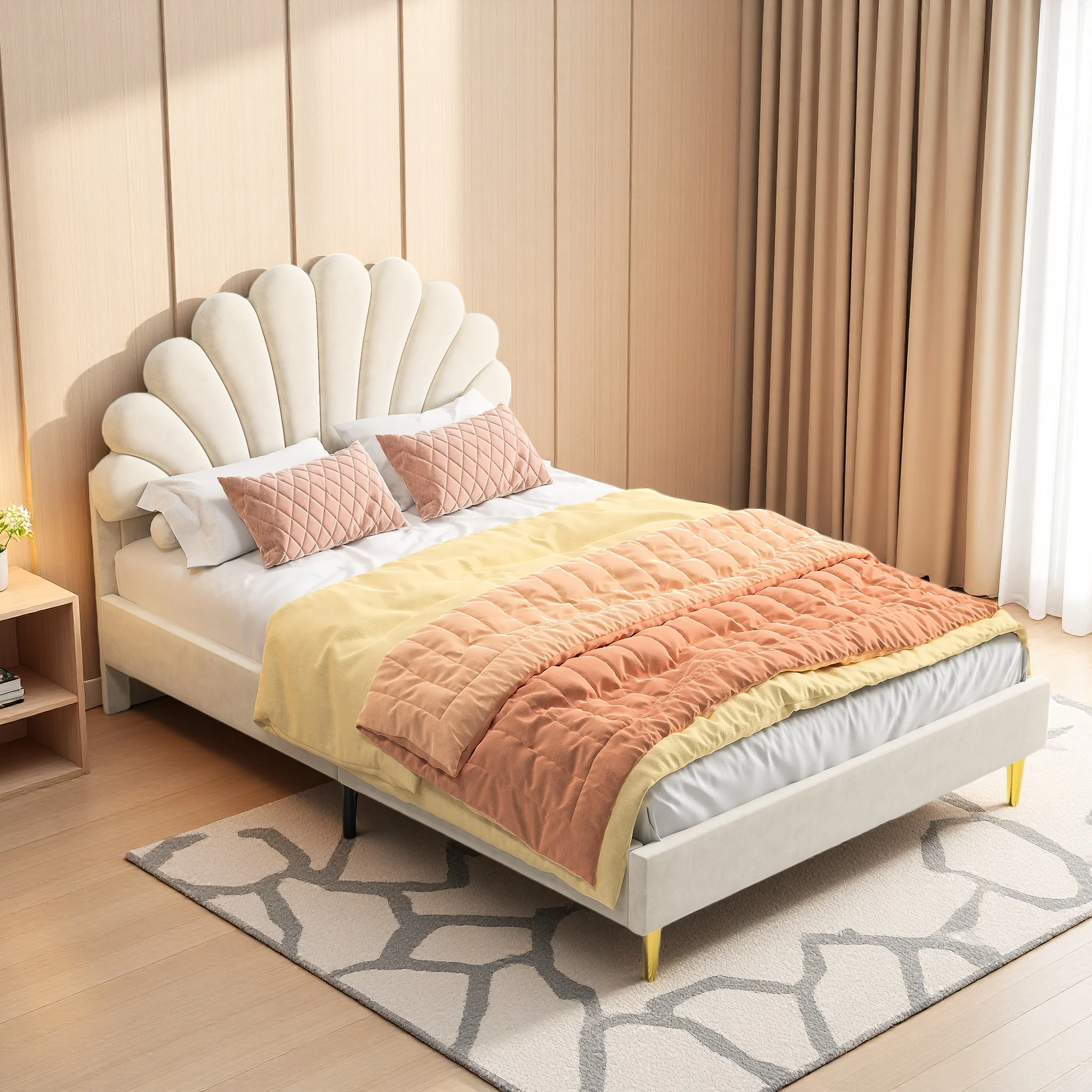 Letto imbottito per bambini 140x200, struttura letto matrimoniale per ragazze, letto per ragazzi con testiera a forma di petalo, struttura letto con rete a doghe, senza materasso, velluto, beige