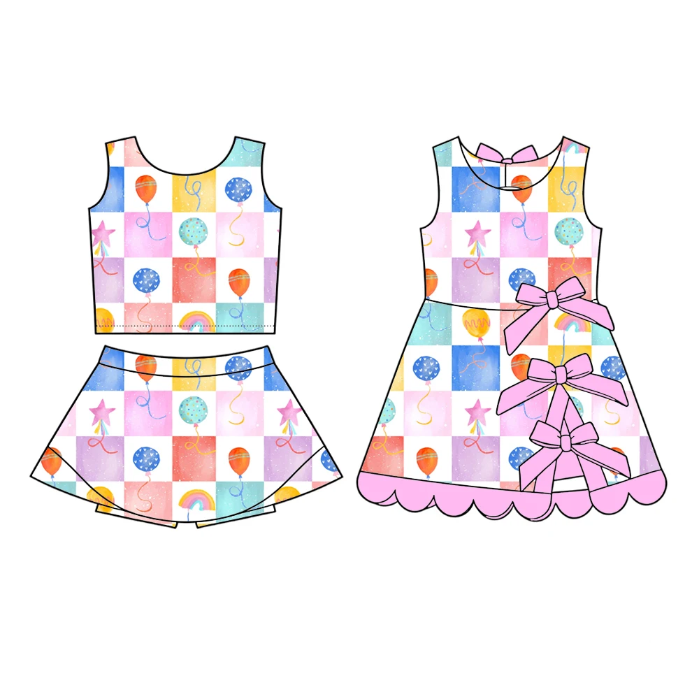 Birthday theme Boutique kids set Top paired short skirt girls set bow decoration dress balloon rainbow print girl dress and set