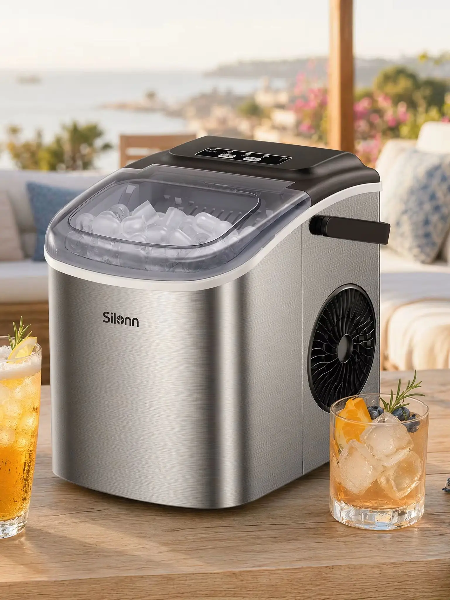 Silonn Eiswürfelmaschine, Kleine Eiswürfelmaschine mit Tragegriff, 9 Eiswürfeln in nur 6 Min., 12 kg Eis in 24 Stdn. Selbstreinigend Kompakt mit 2 Eisgrößen, Ideal für Küche Büro und Partys