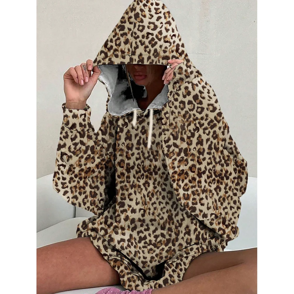 Autumn and Winter Casual Loose Leopard Print Warm Hoodie For Plus Size Women Casual Pullover Unisex Top Hoodie Sweatshirt