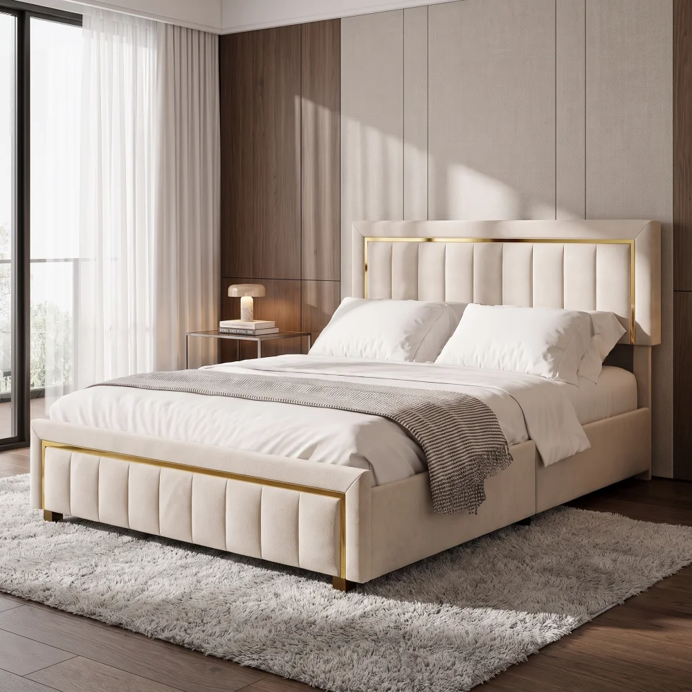 Letto idraulico, 160 × 200 cm, letto matrimoniale con rete a doghe, vano contenitore, struttura del letto, letto imbottito, con strisce verticali e bordi placcati in oro, velluto, colore bianco