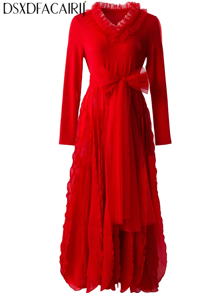 DSXDFACAIRIJ Women's V-Neck Long-sleeved Sashes Accessories Spring Autumnal Solid Vintage Exquisite Temperament Slim Dresses