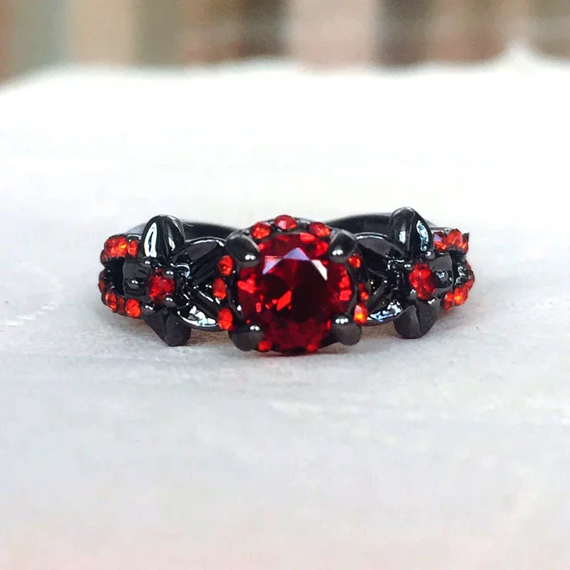 Czerwony Kwiat Granatu Błyszczące Czarne Złoto Kolorowe Pierścionki dla Kobiet Urocza Biżuteria Ślubna Obietnica Opal Pierścionki Bijoux Femme Party Prezenty — zdjęcie 2