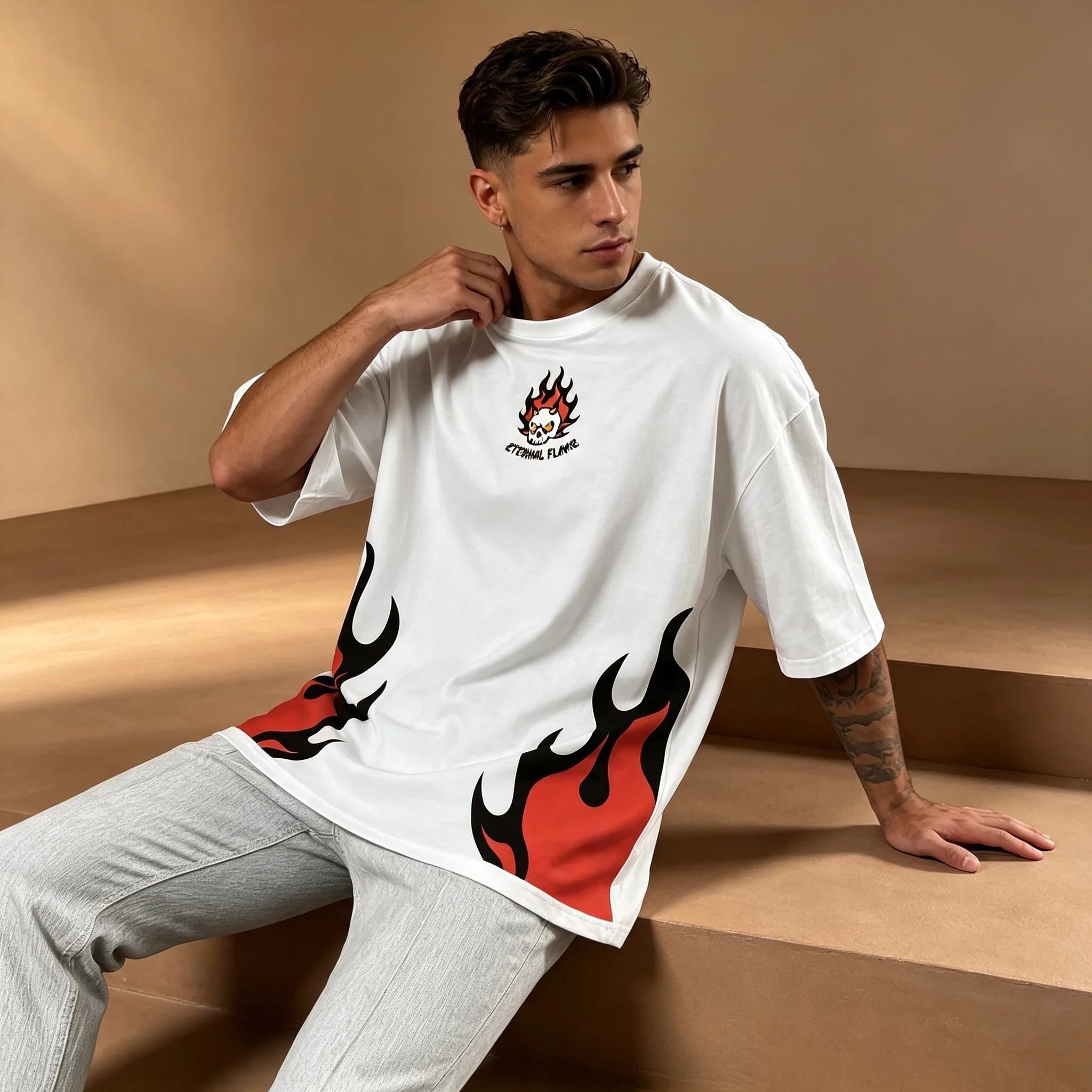 Men Eternal Flame Skull Fire Print T-shirt Gothic Streetwear Oversized Crew Neck Black White Casual Short Sleeve Tops