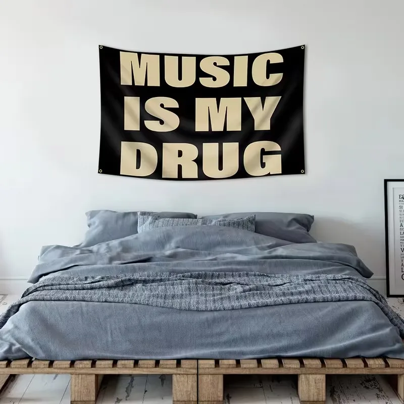 1PC  Music Is My Drug quote tapestry, designed for music lovers, features a minimalist black and brown font, adding a trendy de