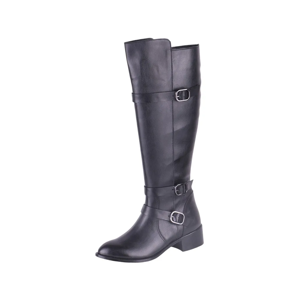 Botas con cremallera para mujer, zapatos de tacón bajo con hebilla y Punta puntiaguda, color negro, Invierno