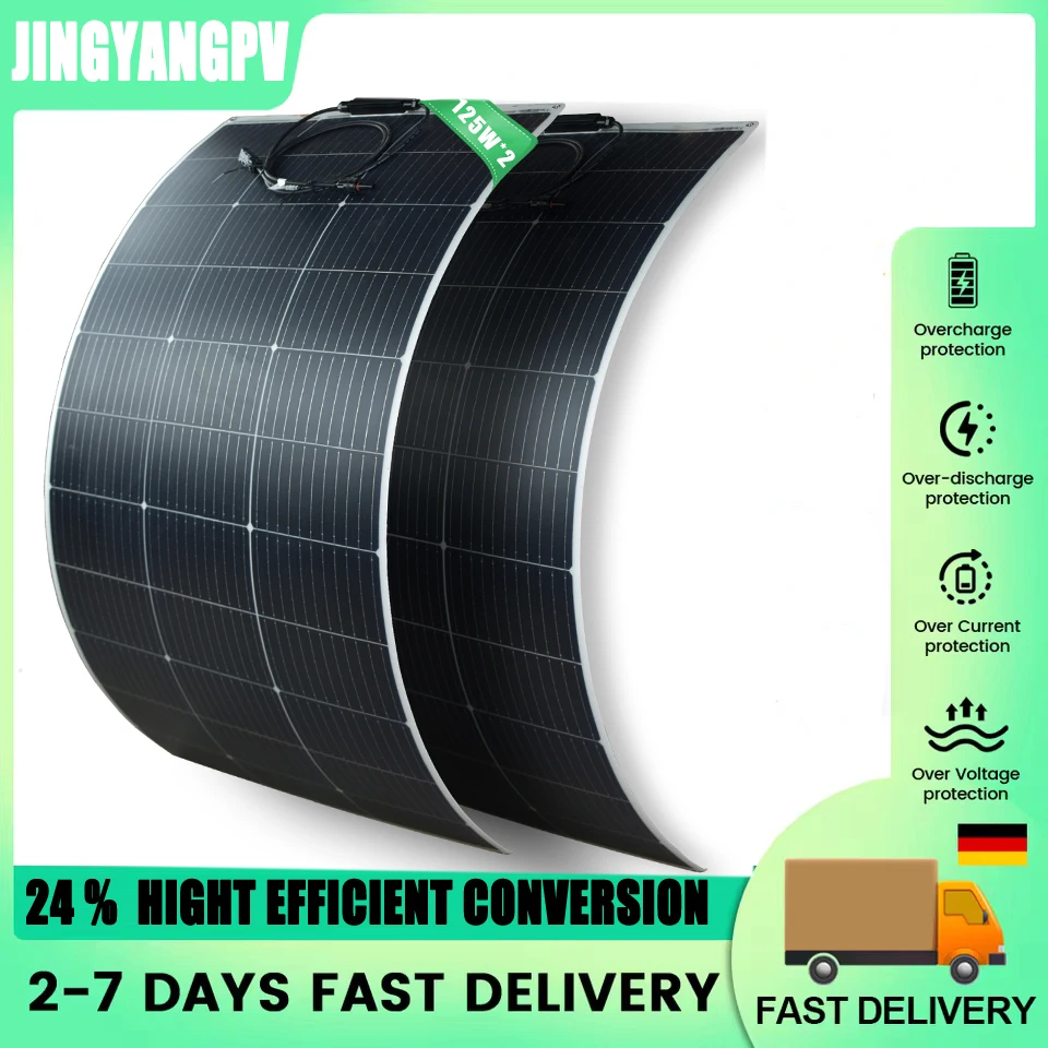 125W flexibele zonnepaneel monocristallijn 12V/24V - fotovoltaïsche oplaadkabel voor camper, auto, boot, 12V accu's voor maritiem gebruik