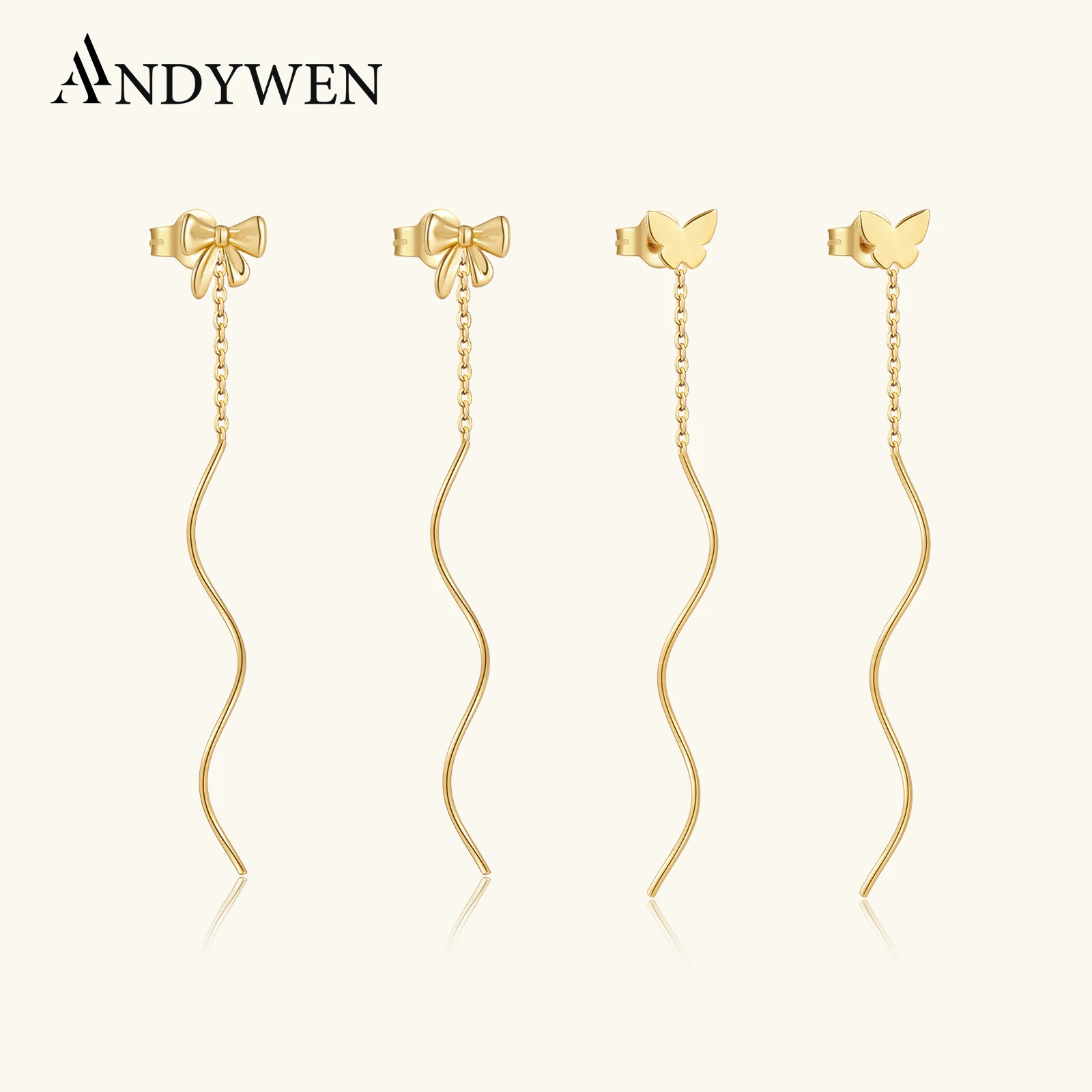 

ANDYWEN Комплект длинных висячих серег из стерлингового серебра 925 пробы: бант и бабочка, волнистая нить, 2025 г., модный изысканный женский свадебный повседневный подарок