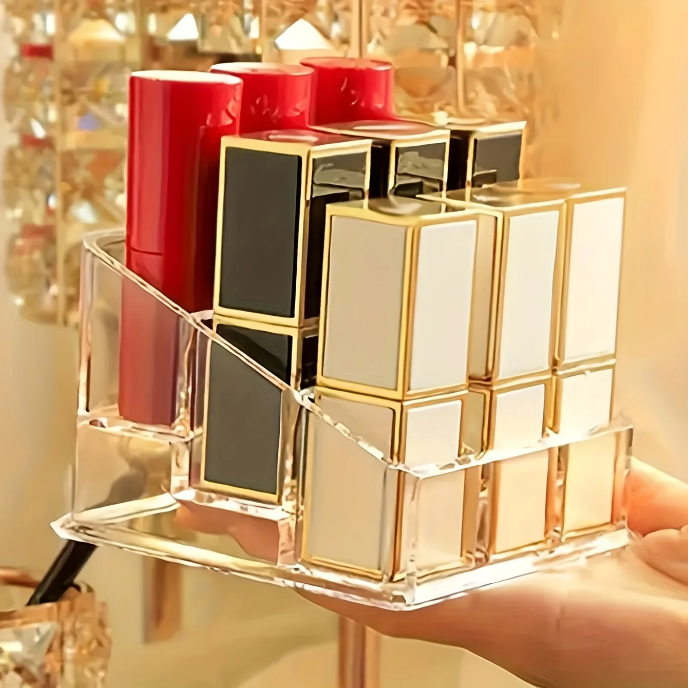 Transparent Nine-Compartment Lipstick and Lip Gloss Organizer Desktop Shelf Ins-Style Girly Lipstick Storage Box with Multiple Compartments
