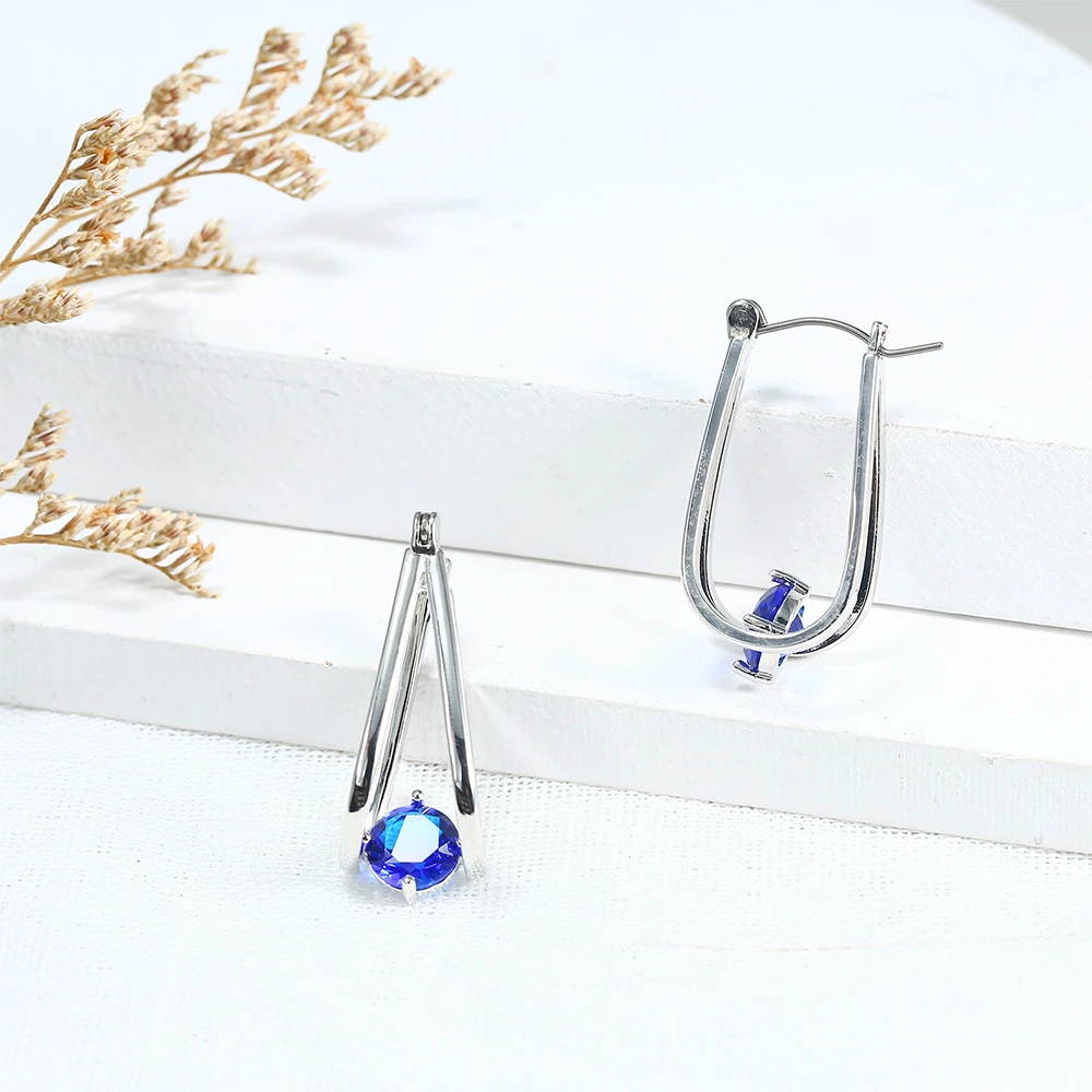 Trend Pure Titanium Earrings for Women Peacock Blue Cubic Zirconia Birthstone Hoop Earrings Gifts for Daughter Wife