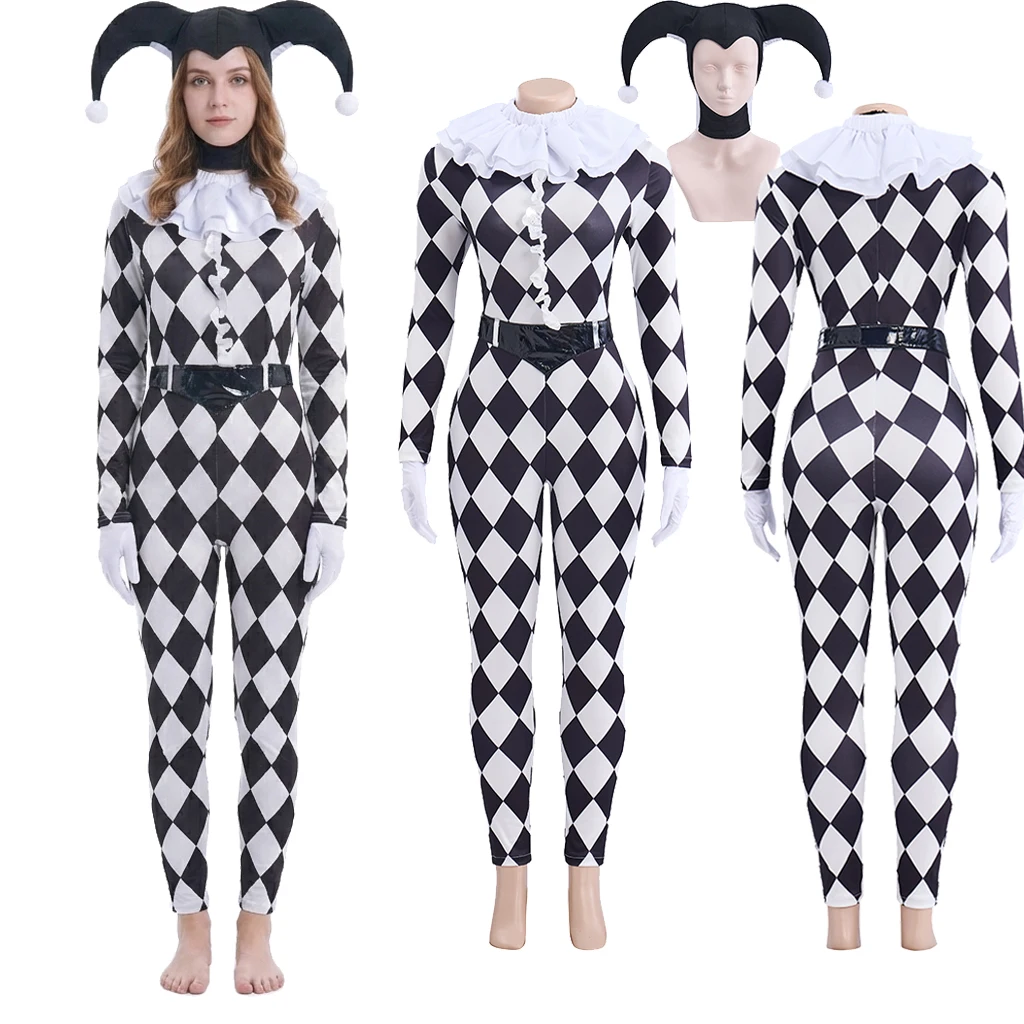 Disfraz de payaso gótico en blanco y negro para mujer, mono a cuadros, traje de arlequín, payaso de circo, disfraz de Halloween con sombrero