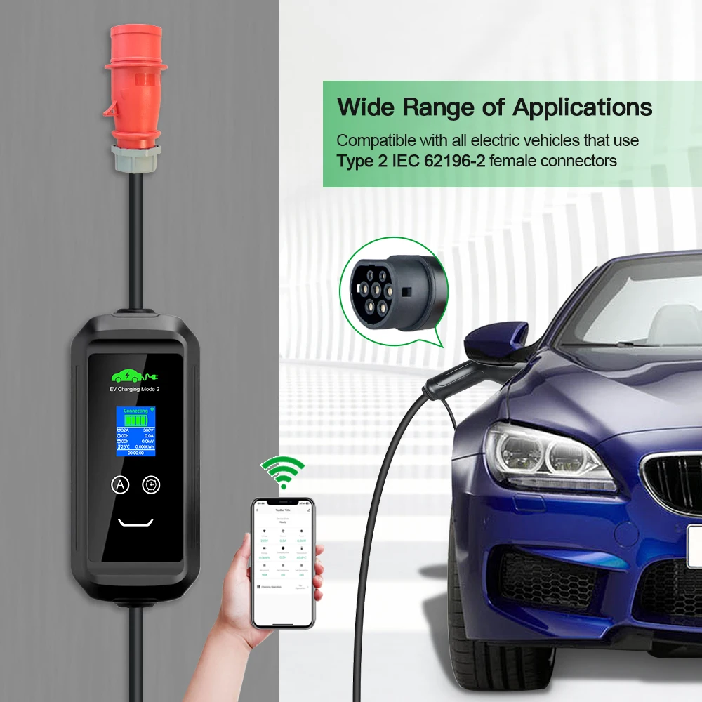 Portable EV Charger Type2 Cable 22KW 32A 3Phase EVSE Wallbox Wi-Fi APP Smart Fast Charging Station for Electric Vehicle