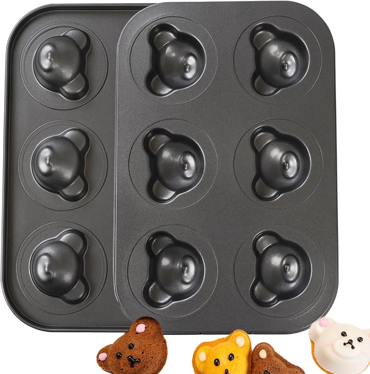 Bear Shaped Muffin Pans, 6 Cavity Non-Stick Madeleine Mold Cake Pan, Mini Muffin Baking Kitchenware for Edible Bear Cake Topper