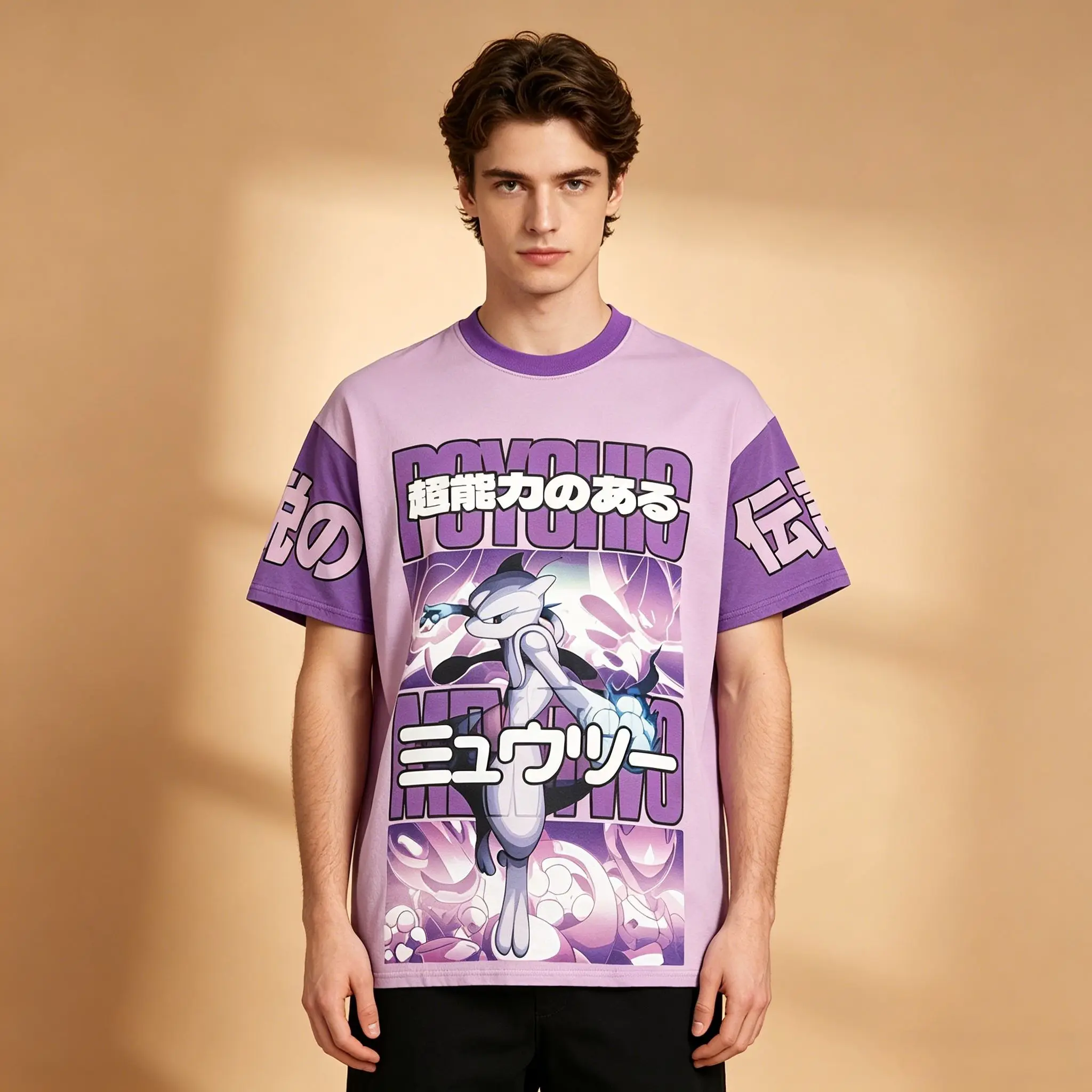 camiseta-raglan-masculina-de-anime-roxo-claro-com-mangas-roxas-escuras-estampa-pokemon-mewtwo-psychic-com-letras-japonesas-macia-e-respiravel