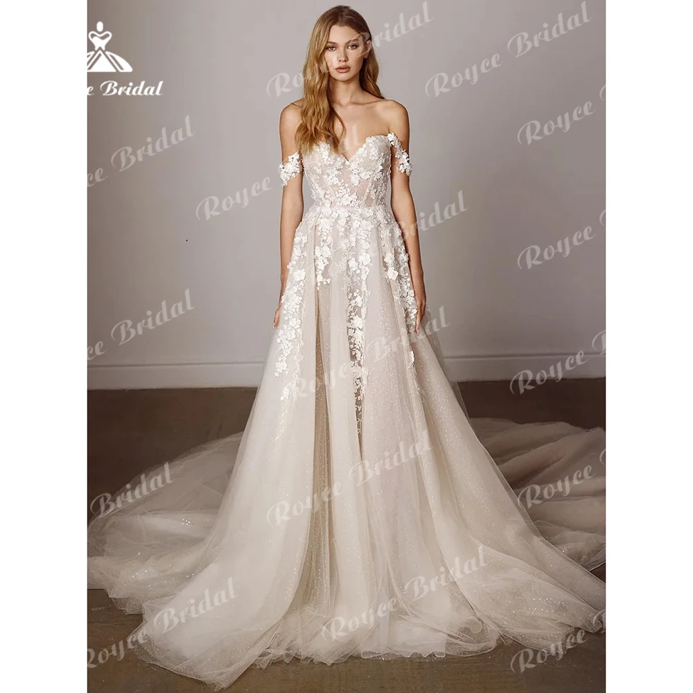 Abito da sposa di lusso in Tulle luccicante con spalle scoperte con fiori 3D ricamati Sweetheart Lace Up abiti da sposa su misura vestidos