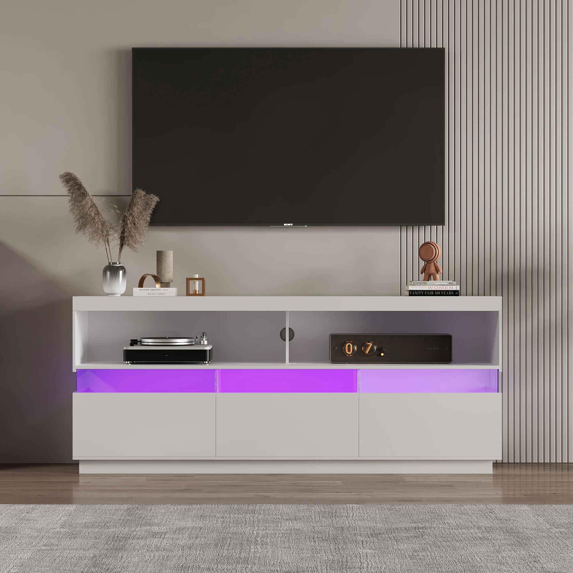 TV cabinet, TV cabinet table, lowboard with LED lighting, two compartments and three large drawers, plenty of storage space.