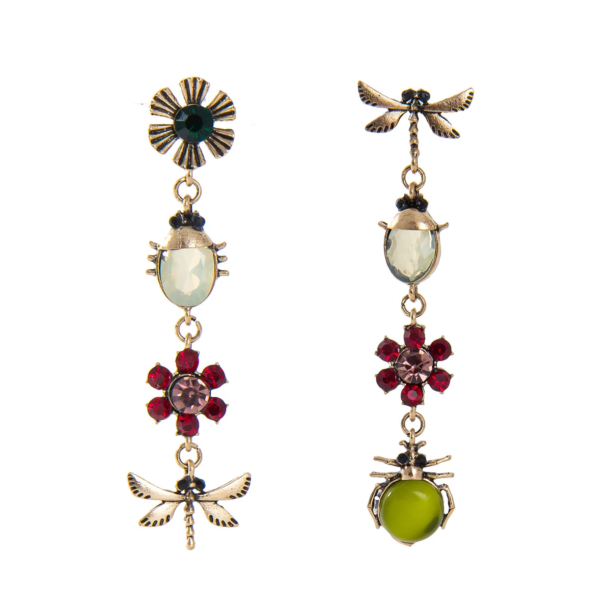 

Long Vintage Gold Color Jewelry Mismatch Linear Crystal Gem Stone Insect Ladybug Bugs Flower Beetle Dragonfly Earrings for Women