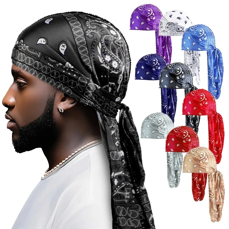 AliExpress GATHERTOP Amoeba Print Silky Durag Bandanas Long Tail Pirate Turban Cap Cashew Flower Durag Turban Outdoor Cycling Riding Street Hat Hijab