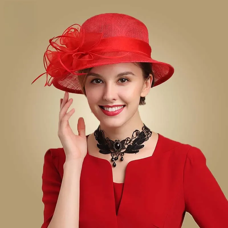 FS Royal Lady Fascinator Red Hat Wedding Sinamay Church Hats Flowers Womens Elegant Wide Brim Fedora Kentucky Derby Party Hat — zdjęcie 2