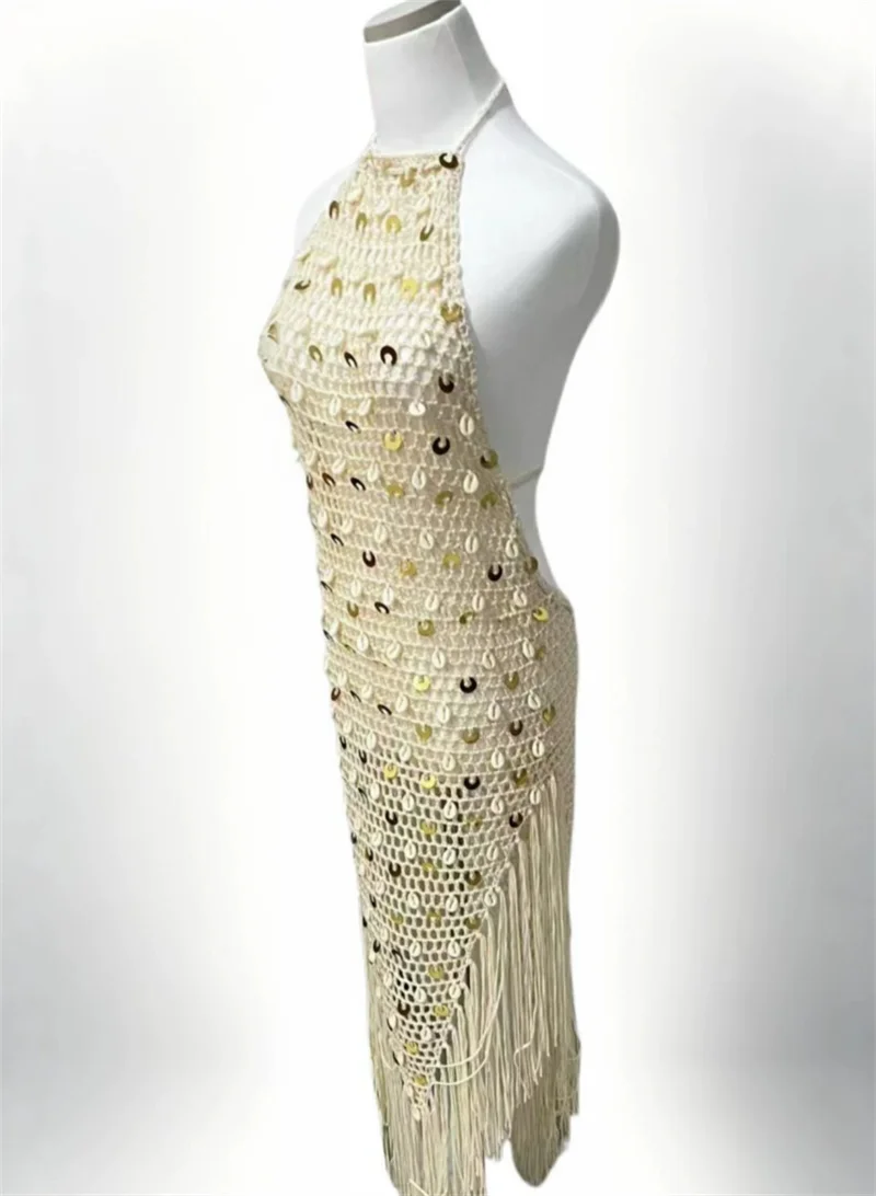 Women's Sexy Halter Backless Lace-Up Long Fringe Beach Sequined Knit Dress Boho Crochet Swimsuit Female Swimwear for Summer