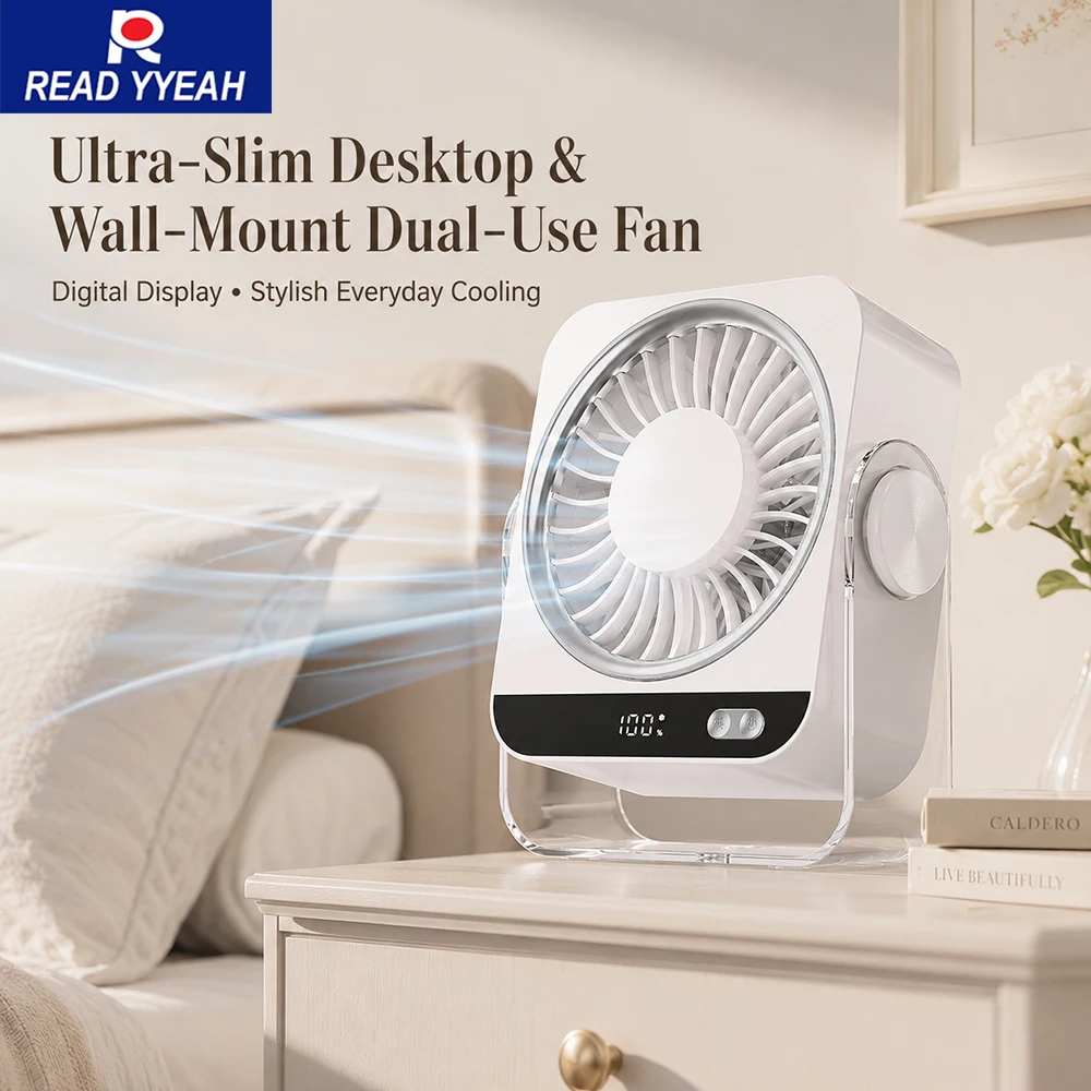 2026 Ultraflacher Wandmontierter Schreibtischventilator 3600mAh USB Wiederaufladbarer Tragbarer Tischventilator mit Digitalanzeige Typ C für Zuhause und Büro