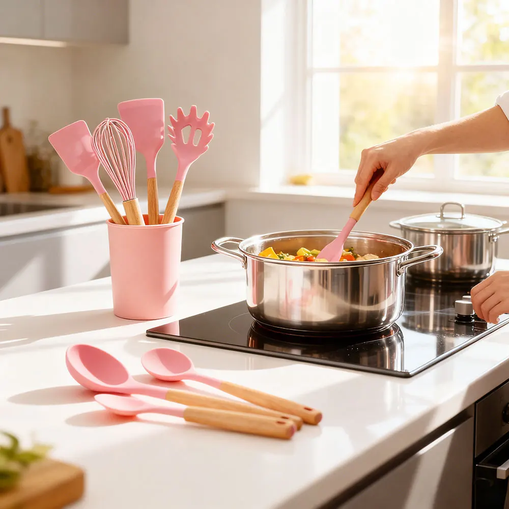 12-teiliges Set, Küchenzubehör, Kochutensilien, Silikon, Küchenutensilien, Kochutensilien-Set mit Holzgriff